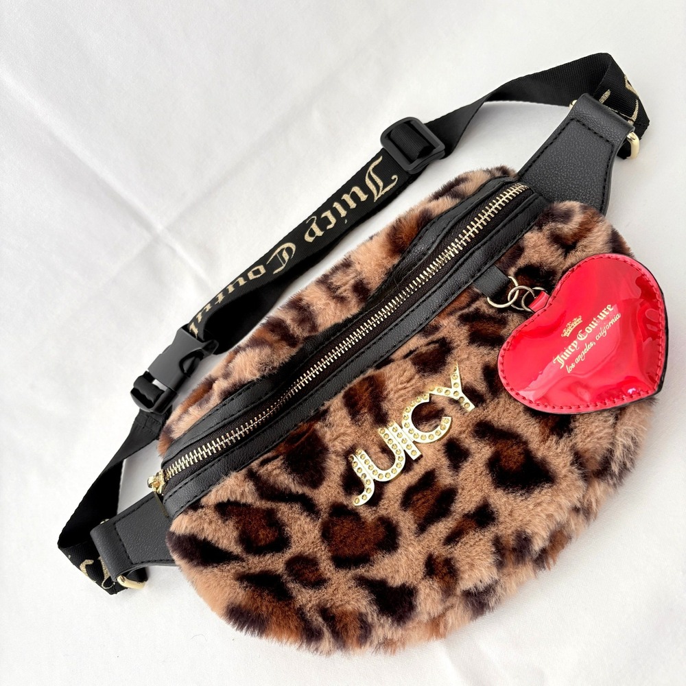 Juicy Couture Fanny Pack Belt Bag‎ Brown Leopard Faux Fur Logo Heart Charm